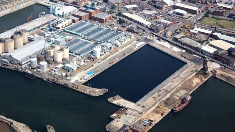 Aerial photograph of Wellington Dock, Liverpool, before work started on the £200m extension at Liverpool wastewater treatment works