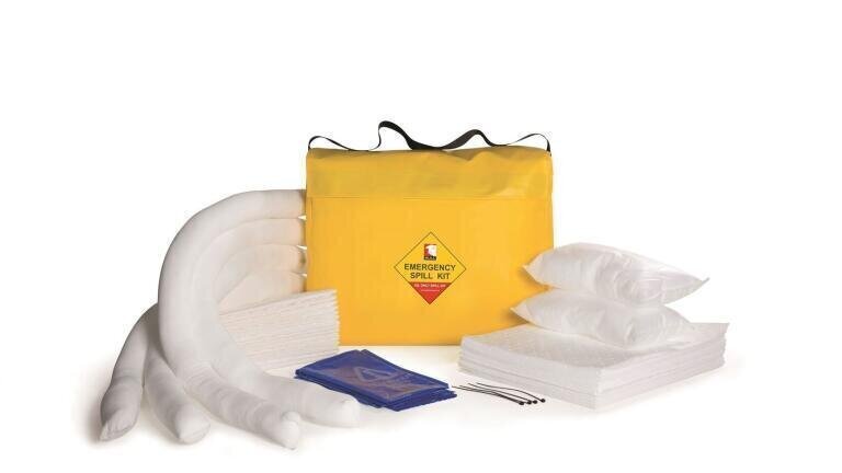 The Shoulder Bag from Bull Products in bright yellow provides a fast emergency response on site.  The bag contains a variety of absorbent materials, including different size pads, socks, pillows and hazardous waste bags all intended for oil only spills and hazards.  The hydrophobic technology of the materials means that they are completely water repellent and will only absorb oils and fuels.  