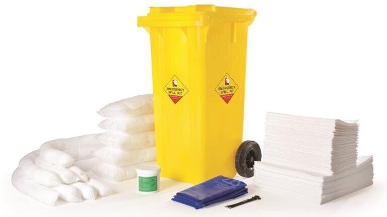 The yellow emergency wheeled Spill Kit Bin from Bull Products.  Coming in two sizes of 120 litres and 240 litres capacity, the emergency Spill Kit Bins contain large quantities of pads, socks, pillows and hazardous waste bags for fast emergency deployment wherever needed.  Versions are available for oil only, general maintenance and chemical spills.