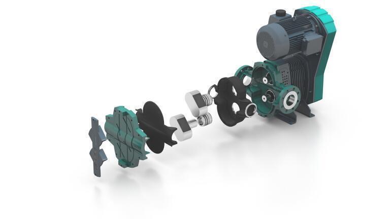 Two straight steel rotary lobes rotate in an elastomer insert. This enables the wear caused by forces exerted on the rotary lobes to be minimised. In addition, the insert can be replaced separately when there are signs of wear.