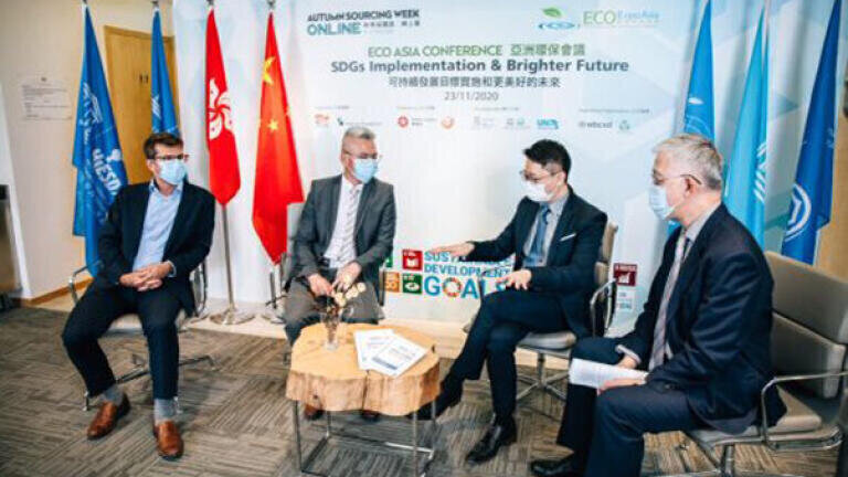 Hendrik Rosenthal, Director - Group Sustainability of CLP Group, Anson Lim, CFO of Freetech Road Recycling Technology (Holdings) Co. Ltd, Albert Lam, CEO of Novelte Robotics Limited, and Daniel Leung, Professor of Practice at the Hong Kong Institute of Education for Sustainable Development, shared insights during a panel discussion on implementing the United Nations' Sustainable Development Goals (L-R)
