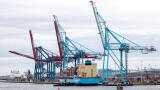 The world's first methanol-powered container ship moored at the Port of Gothenburg